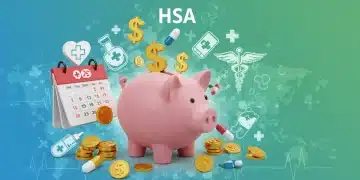 Heart-shaped piggy bank with dollar signs and medical symbols representing 2025 HSA benefits and financial growth.