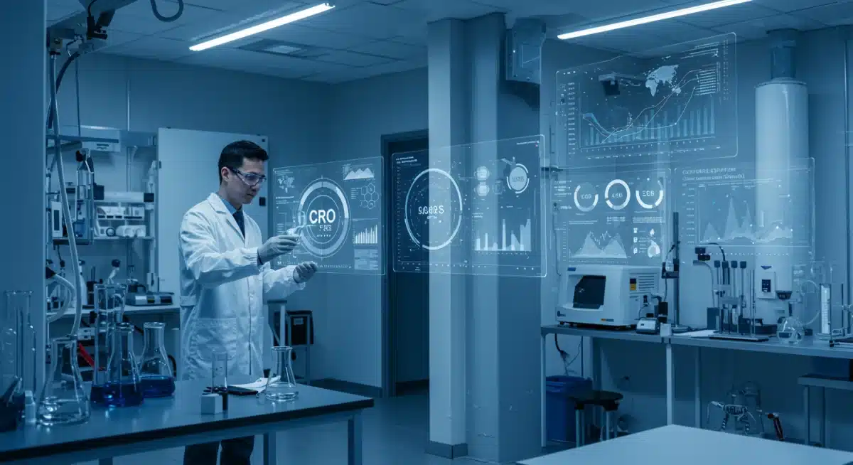 Scientists analyzing carbon reduction data in a lab