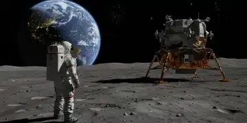 Astronaut on Moon with Earth in background, symbolizing future lunar missions and exploration.