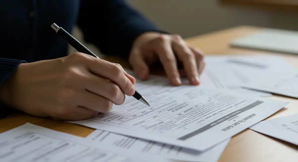 Pessoa preenchendo formulário de inscrição para benefício social, com documentos sobre a mesa.