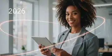 Jovem profissional confiante iniciando sua carreira em 2026, com elementos futuristas ao redor.