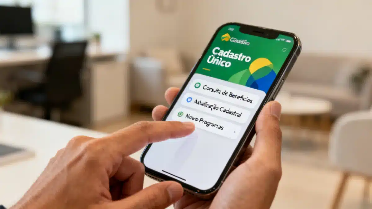 Interface de aplicativo do Cadastro Único em smartphone, mostrando opções de consulta e atualização.