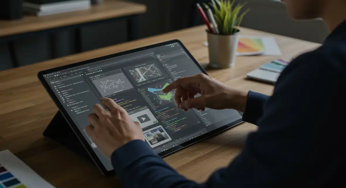 Profissional criando portfólio digital em tablet, com projetos exibindo código, design e vídeos.