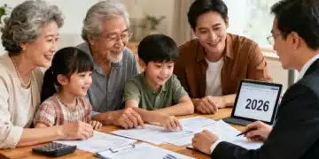 Família reunida com consultor financeiro revisando documentos de planejamento sucessório para 2026, com foco na proteção patrimonial.