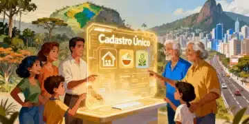 Famílias brasileiras acessando programas sociais através do Cadastro Único digital em 2026.