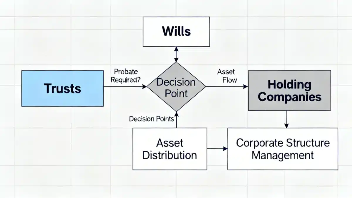 Fluxograma detalhado de instrumentos de planejamento sucessório, incluindo testamentos, holdings e trusts, mostrando a complexidade e interconexão das estratégias.