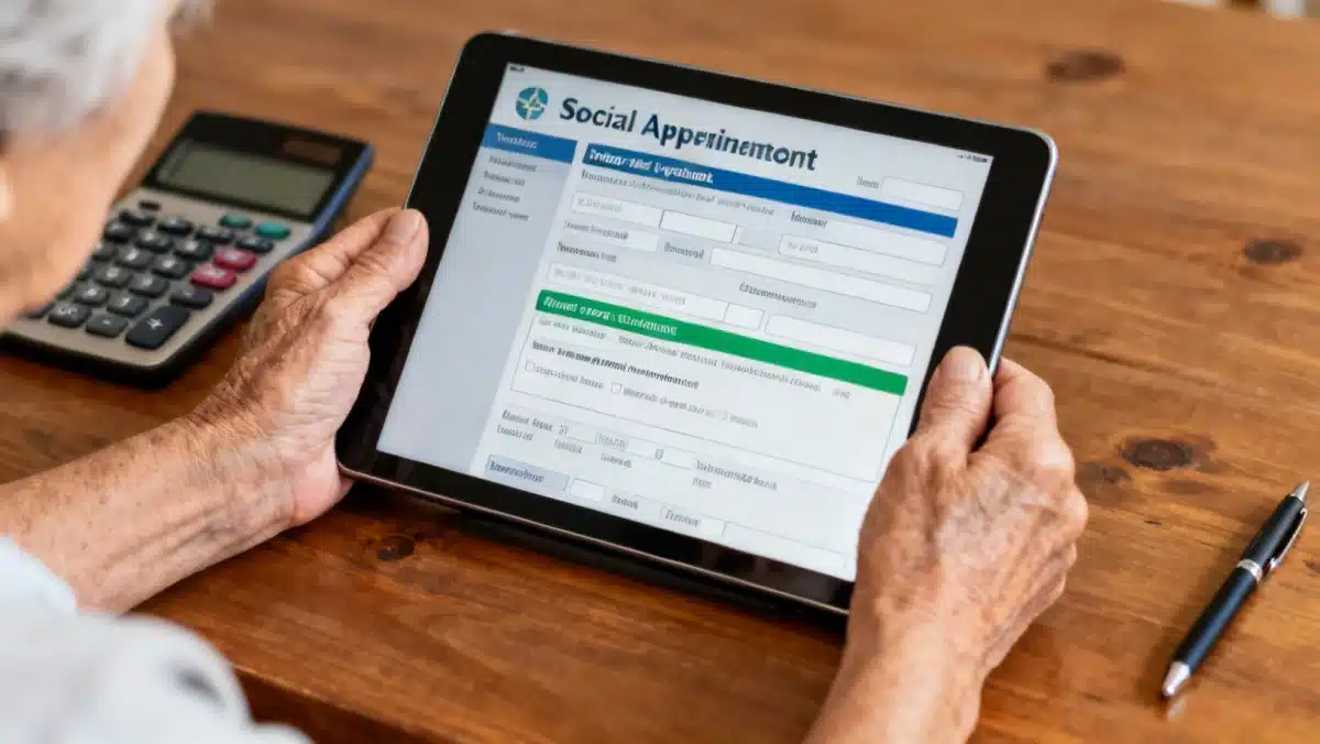 Mãos de idoso e jovem preenchendo formulário online de solicitação do BPC 2026 em tablet.