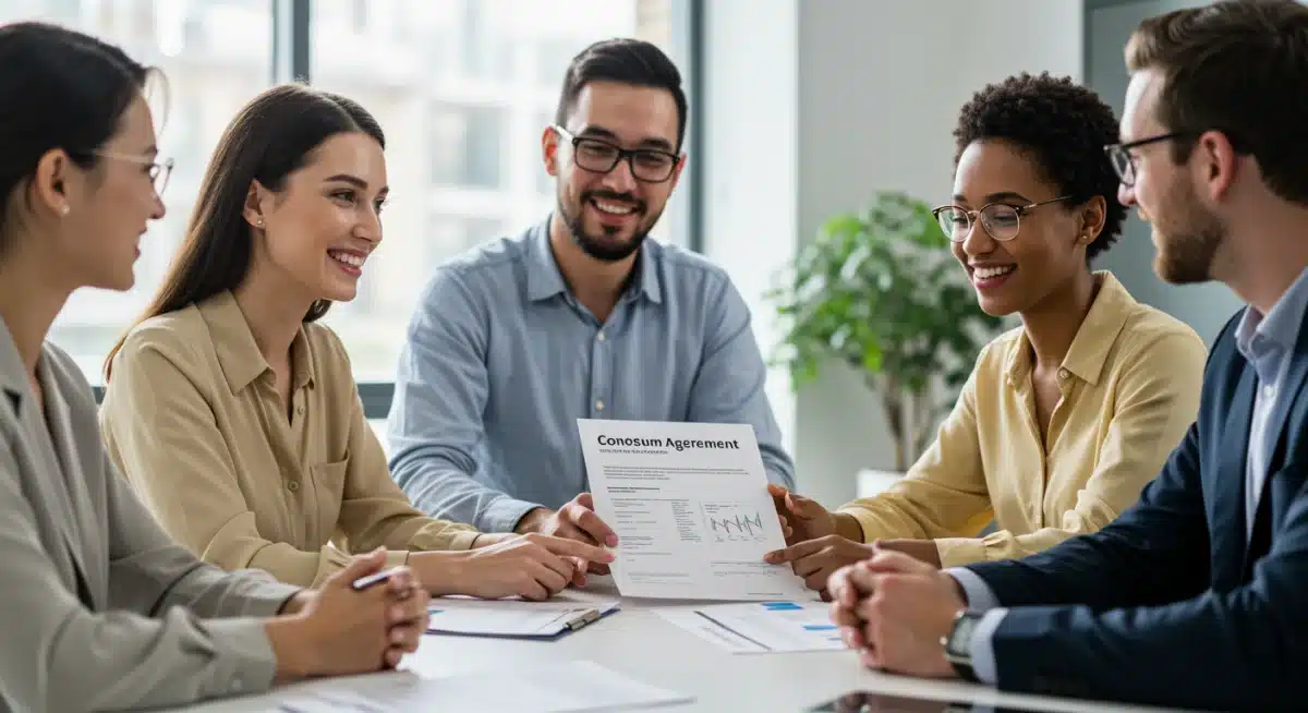 Grupo de consorciados em reunião, discutindo planos e cotas de consórcio, com foco na colaboração e objetivos comuns.