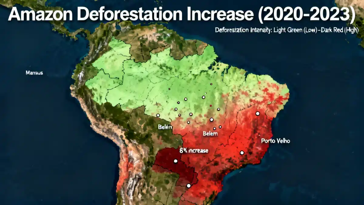Mapa de calor indicando o aumento do desmatamento na Amazônia em 2026.