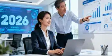 Mulher profissional sendo orientada por um mentor em um ambiente de escritório moderno, simbolizando o avanço da carreira.