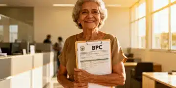 Mulher idosa brasileira com documentos em mãos, representando a solicitação do BPC em 2026.