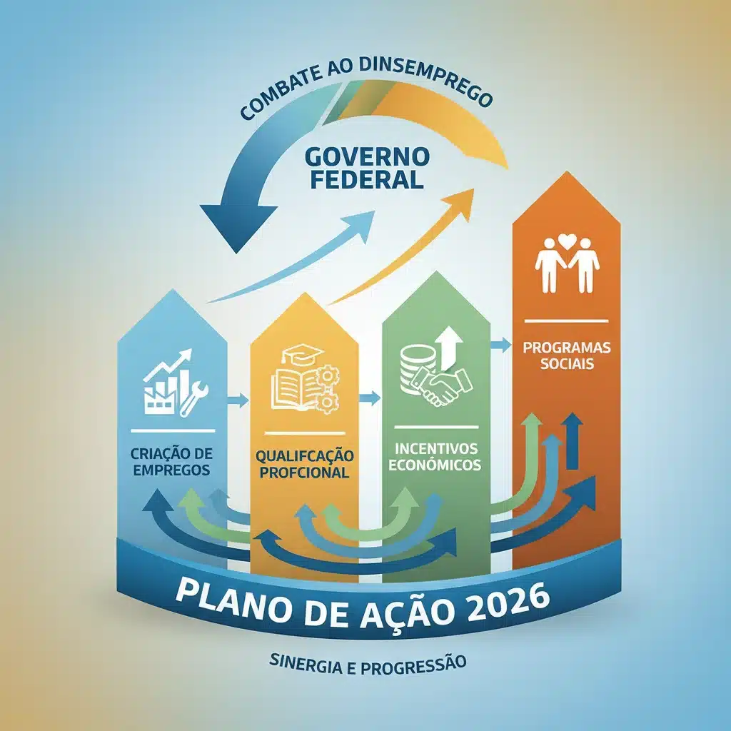 Gráfico dinâmico dos pilares do Plano de Ação do Governo Federal para combater o desemprego em 2026