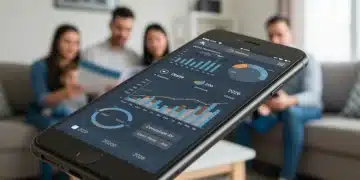 Pessoas analisando opções de consórcio em um tablet, com gráficos financeiros ao fundo, simbolizando planejamento financeiro para 2026.