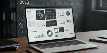 Tela de laptop exibindo um portfólio digital moderno com projetos e gráficos, em um ambiente de trabalho futurista de 2026.