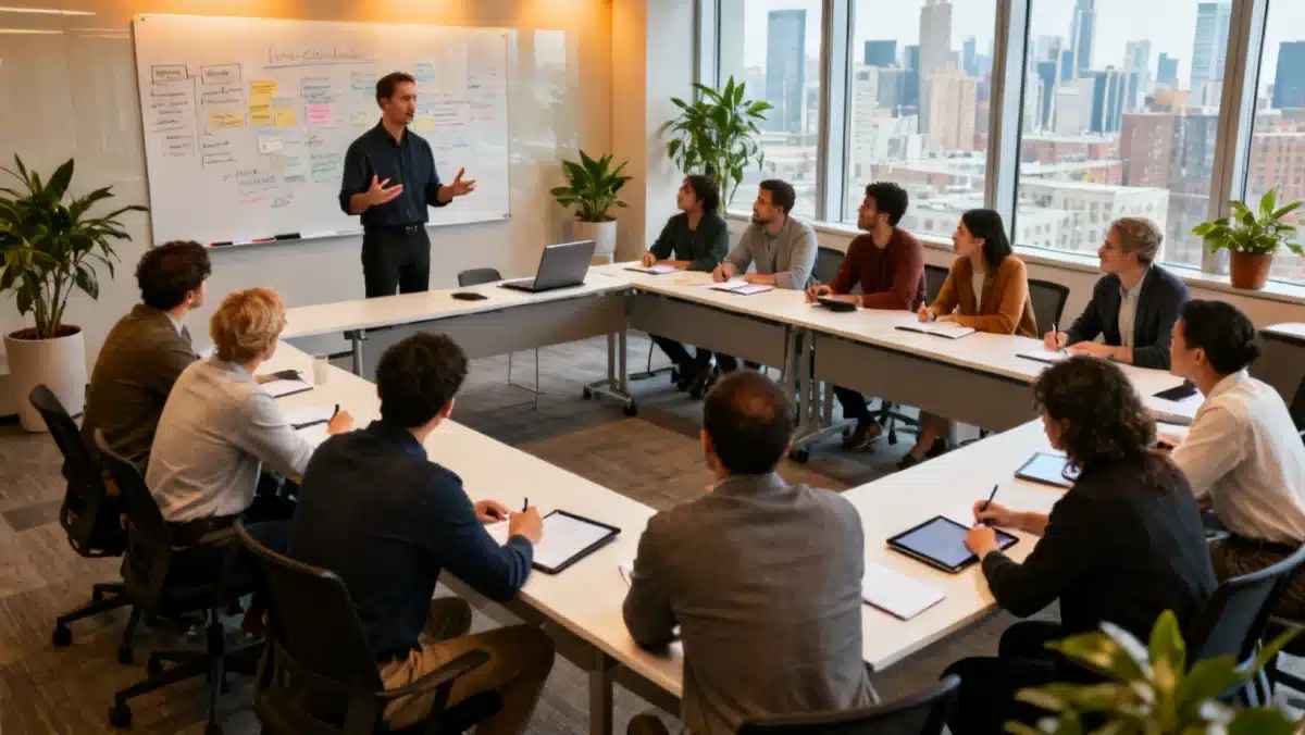 Grupo diverso de profissionais em um workshop interativo, debatendo sobre desenvolvimento de carreira e mentoria.