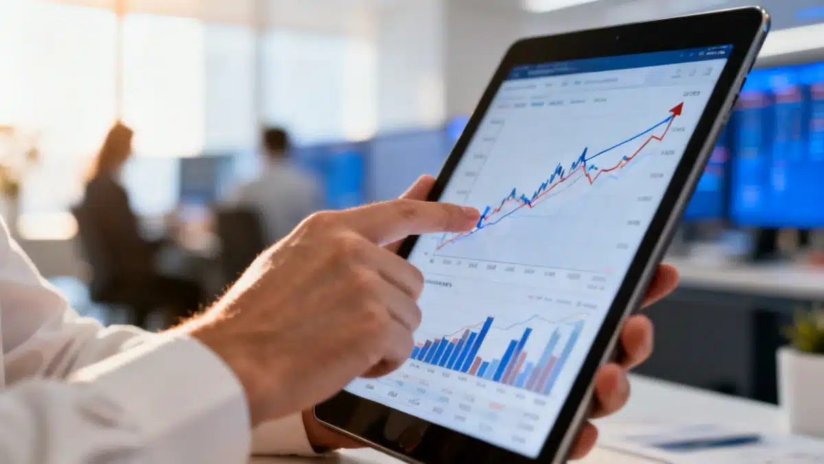 Mão segurando tablet com gráficos financeiros, simbolizando análise de mercado e gestão estratégica de investimentos.