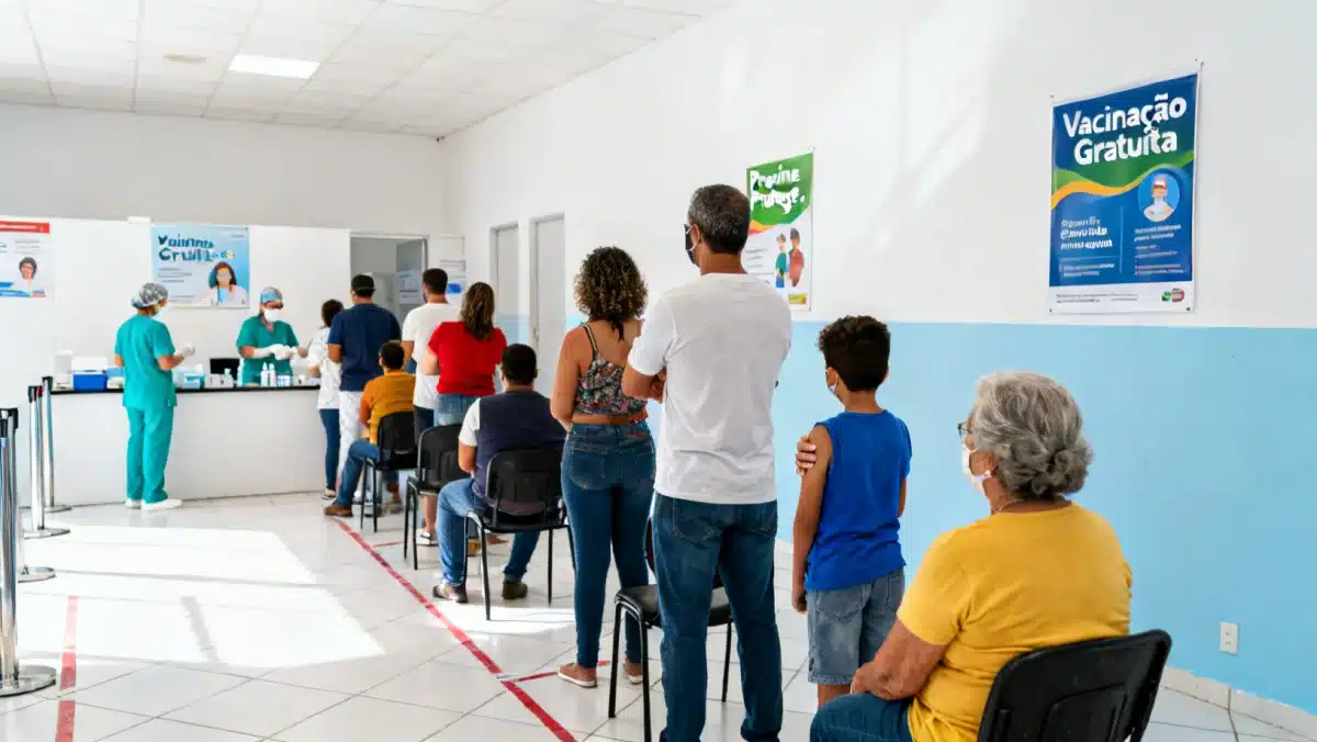 Pessoas de diferentes idades aguardando para se vacinar em um centro de vacinação organizado e moderno no Brasil.