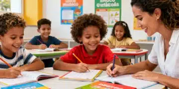Crianças brasileiras aprendendo a ler e escrever em sala de aula do Plano Alfabetização 2026