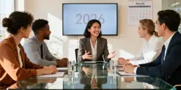 Profissional sorrindo em um escritório moderno, simbolizando uma cultura organizacional positiva e engajadora em 2026.