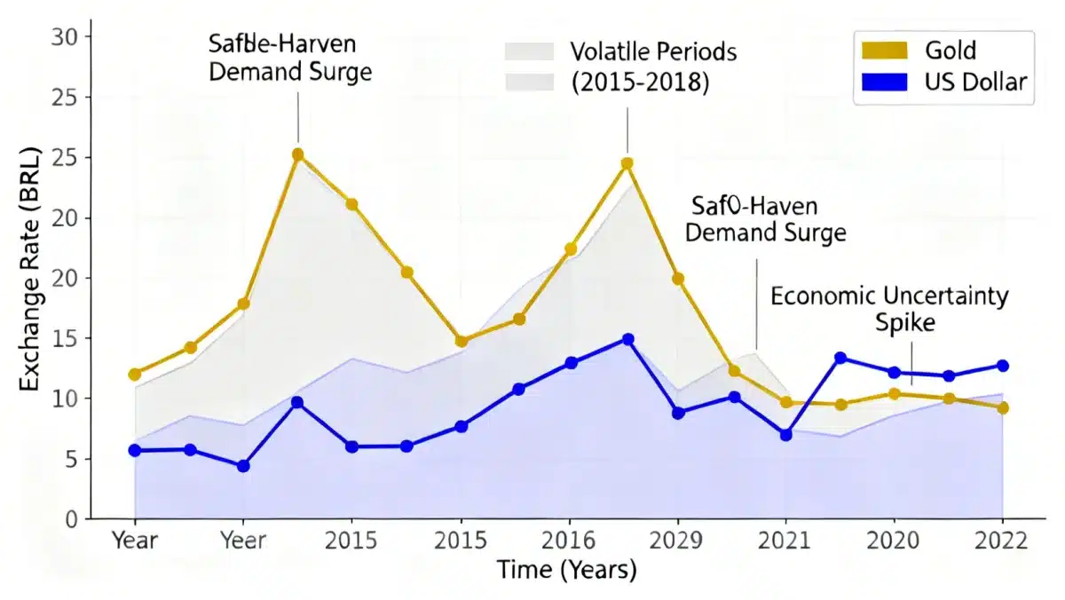 Gráfico comparativo do desempenho histórico do ouro e do dólar frente ao Real, destacando sua função como ativos de proteção em momentos de instabilidade econômica.