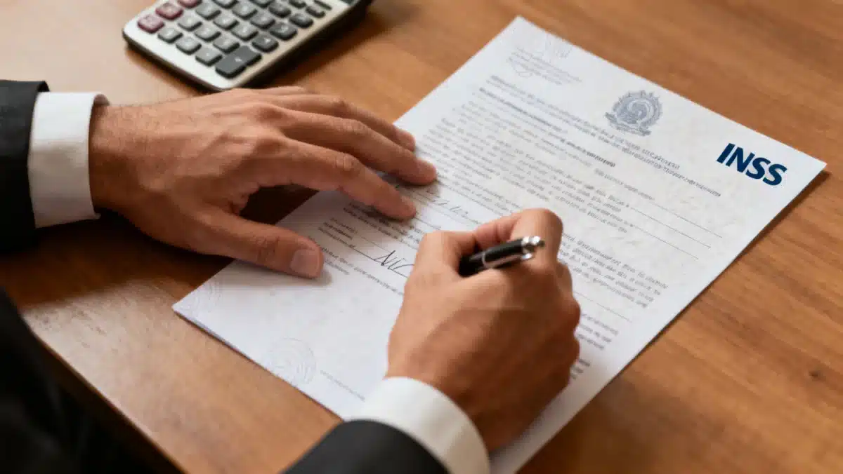 Documentos e caneta sendo preenchidos para solicitação de benefício do INSS.