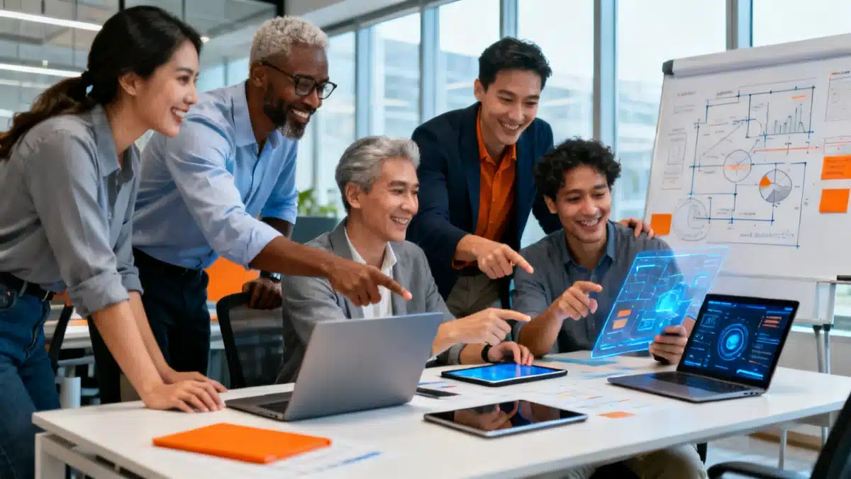 Equipe diversa trabalhando em conjunto, demonstrando colaboração e valores compartilhados em um ambiente de trabalho moderno.