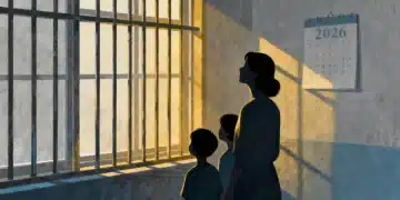 Família olhando pela janela com grades, representando o amparo do Auxílio Reclusão em 2026.