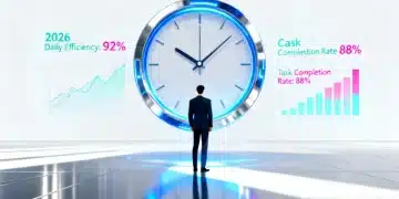 Pessoa interagindo com um relógio holográfico futurista, representando a gestão de tempo avançada em 2026.