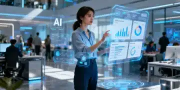 Mulher profissional usando ferramentas de IA em interface holográfica para aumentar a produtividade no escritório moderno.