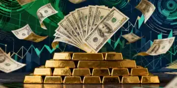 Barras de ouro e notas de dólar americano simbolizando segurança financeira e proteção contra a instabilidade econômica brasileira em 2026.