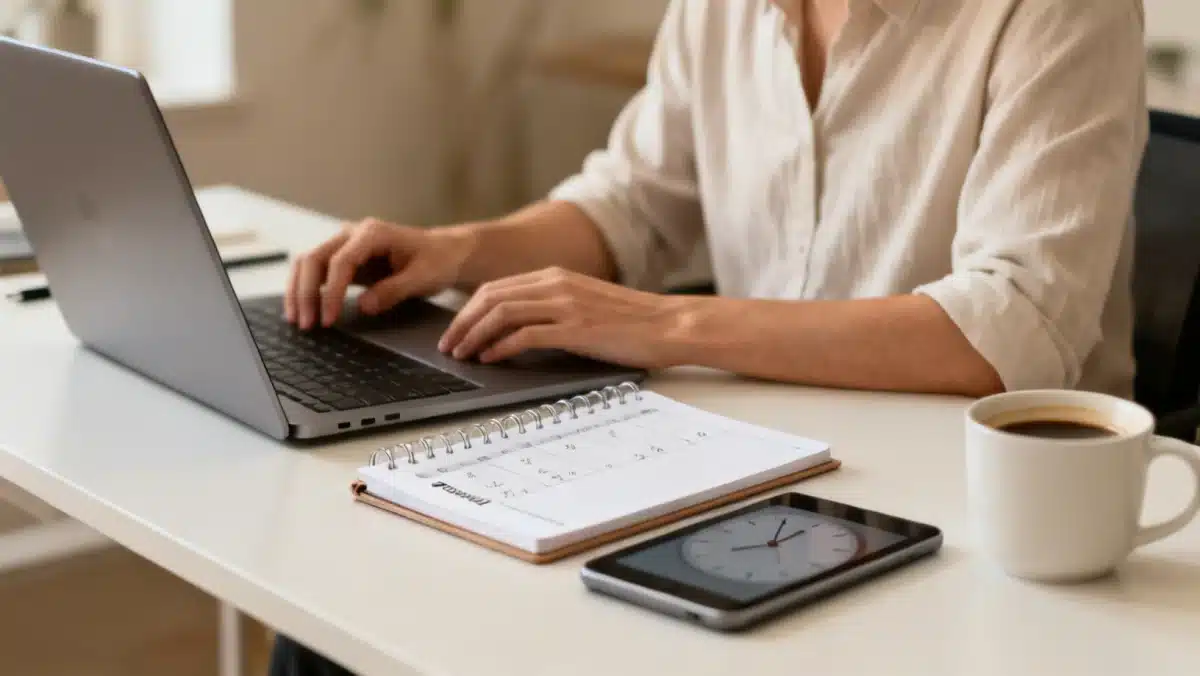 Profissional focado em um ambiente de trabalho organizado, aplicando a Técnica Pomodoro para otimizar o tempo.