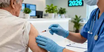 Profissional de saúde aplicando vacina contra gripe em idoso durante a campanha de 2026, com foco na segurança e eficiência.