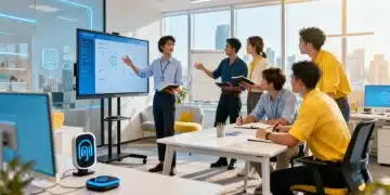 Profissionais colaborando em um ambiente de escritório moderno, simbolizando liderança e gestão de equipes eficazes.