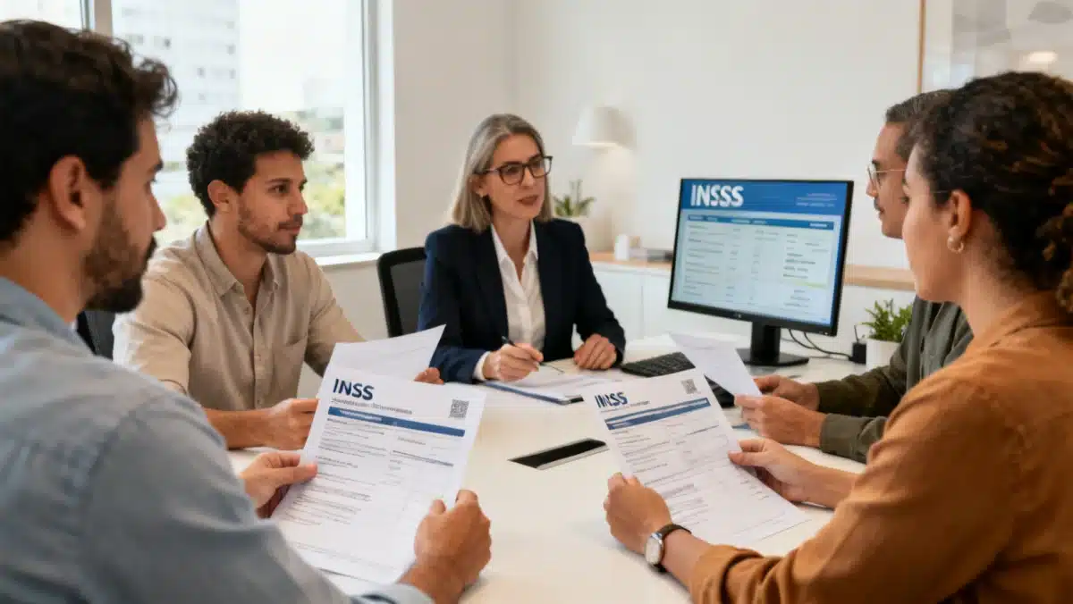 Microempreendedores discutindo benefícios do INSS com consultor financeiro em 2026.