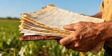Mãos segurando documentos de aposentadoria rural com fundo de campo verde