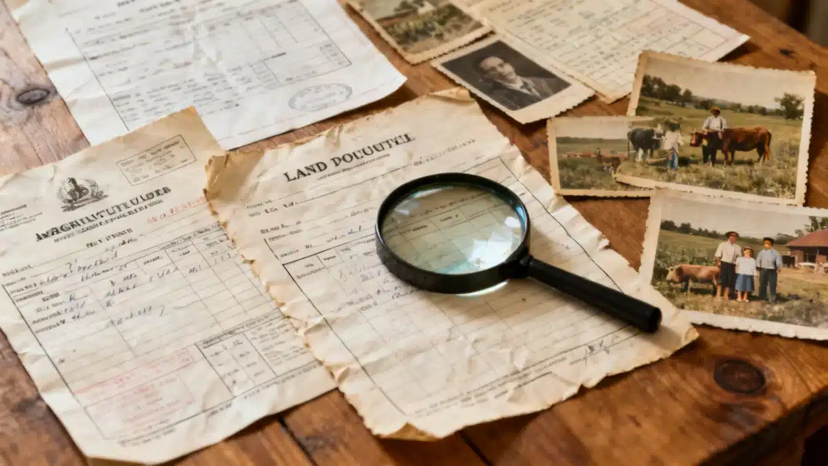 Documentos variados para comprovação de atividade rural sobre uma mesa de madeira