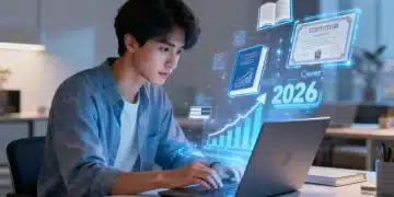 Pessoa estudando em um laptop, com gráficos futuristas de educação online, simbolizando o avanço de carreira em 2026.