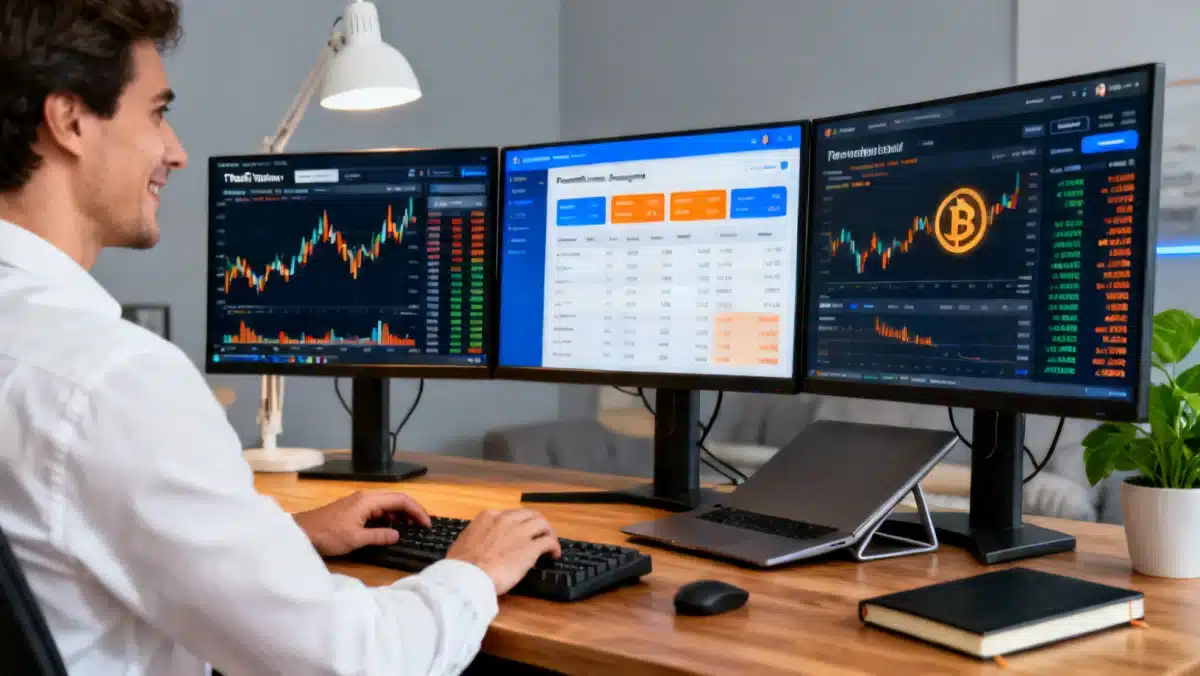 Pessoa em uma mesa com múltiplas telas exibindo aplicativos e dados financeiros, representando o controle e a gestão facilitada pelo Open Finance.