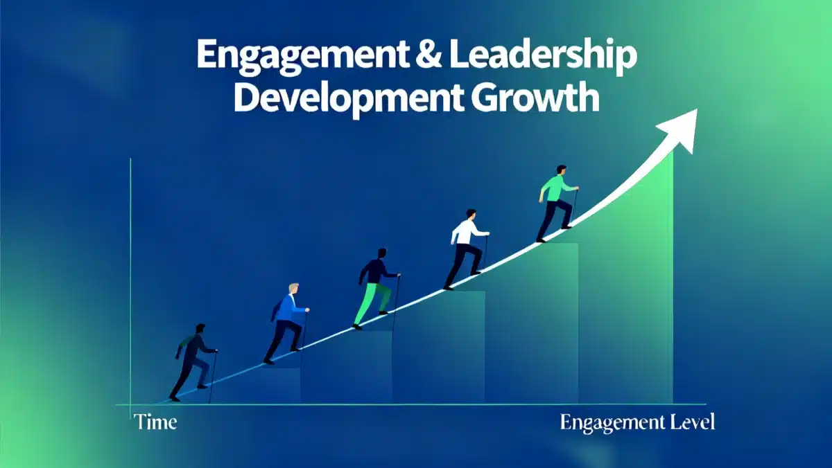 Gráfico de crescimento com figuras humanas subindo, representando aumento de engajamento e desenvolvimento de líderes.