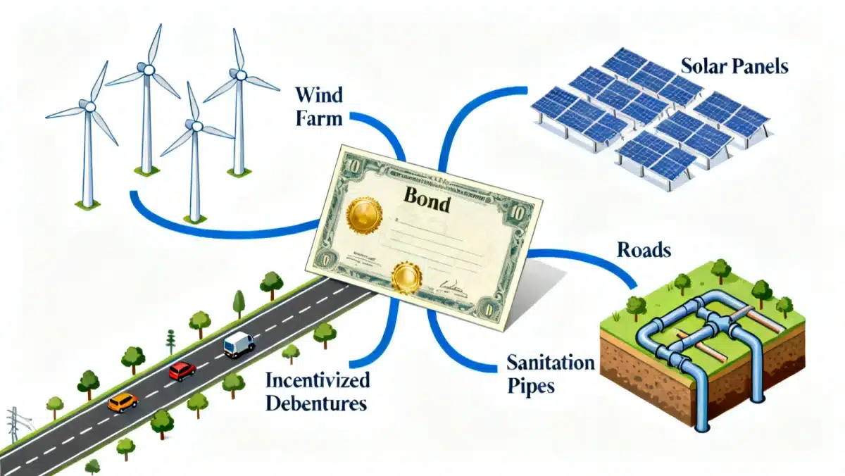 Ilustração de projetos de infraestrutura como energia e saneamento, conectados a um certificado de debênture, simbolizando o investimento.