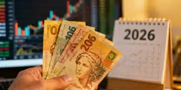 Mão segurando notas de real com gráficos financeiros e calendário 2026 ao fundo, simbolizando investimentos de longo prazo.