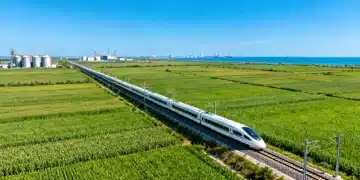 Locomotiva moderna percorrendo trilhos novos em uma paisagem agrícola vasta, com o litoral ao fundo, simbolizando a nova ferrovia de 1.500 km.