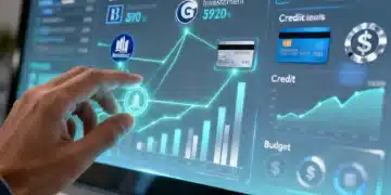 Painel digital futurista do Open Finance exibindo contas bancárias, investimentos e orçamentos integrados, com gráficos de saúde financeira e uma mão interagindo com a interface.