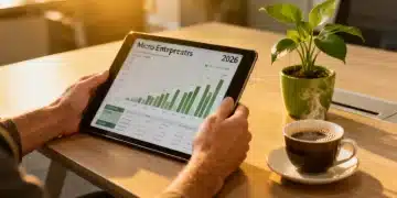 Mãos segurando tablet com gráfico financeiro, simbolizando planejamento para benefícios MEI 2026.