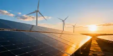 Painéis solares e turbinas eólicas em harmonia, simbolizando o recorde de produção de energia renovável no Brasil em 2026.