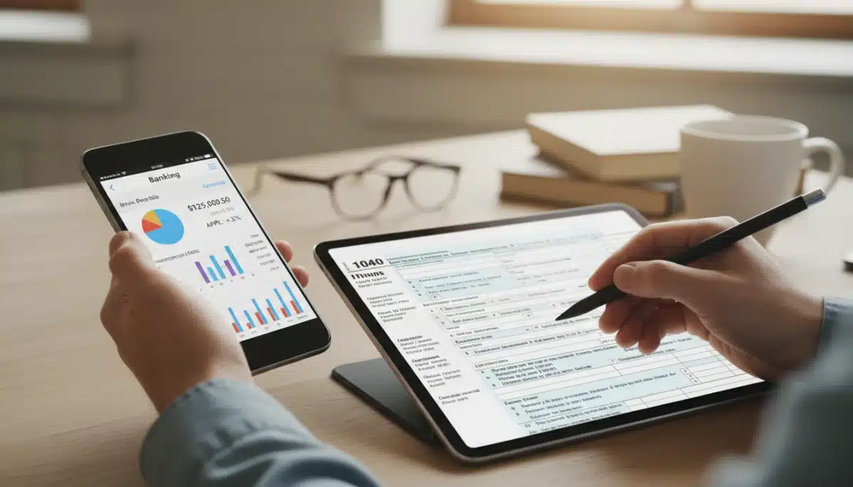 Mãos utilizando smartphone com aplicativo de investimentos e tablet com formulários de imposto, simbolizando a gestão e declaração de ativos financeiros.