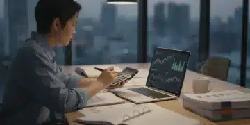 Pessoa analisando documentos financeiros e gráficos em um laptop para a declaração do Imposto de Renda 2026, com calculadora e caneta à mão.