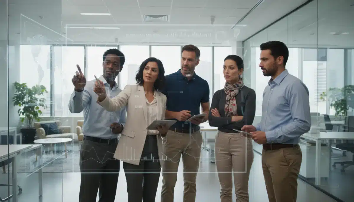 Equipe diversa trabalhando em conjunto, analisando dados em tela digital, representando a colaboração e inovação no mercado de trabalho.