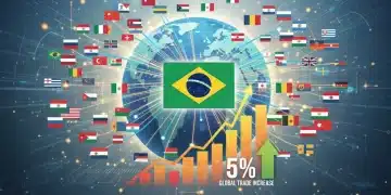 Mapa-múndi interconectado com bandeiras de países e gráficos de crescimento, simbolizando o impacto do novo acordo comercial no Comércio Exterior 2026 brasileiro.