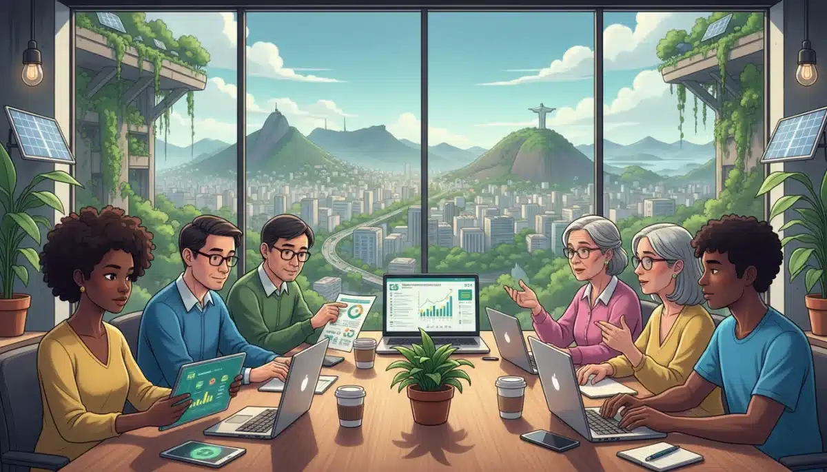 Investidores analisando dados de sustentabilidade e desempenho financeiro